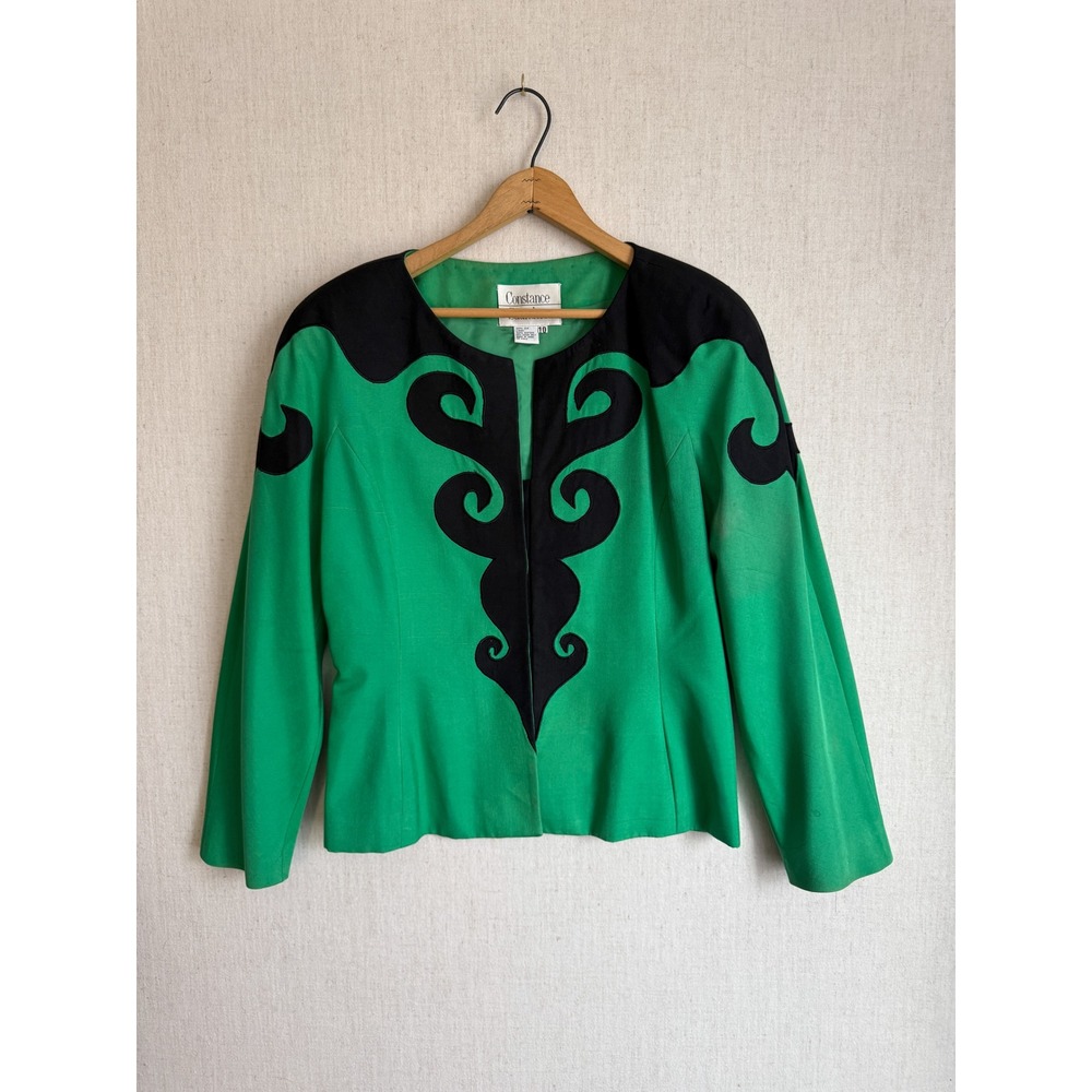 Constance Saunders Vintage Silk Blazer Green Black Applique Scroll Jacket Sz 10